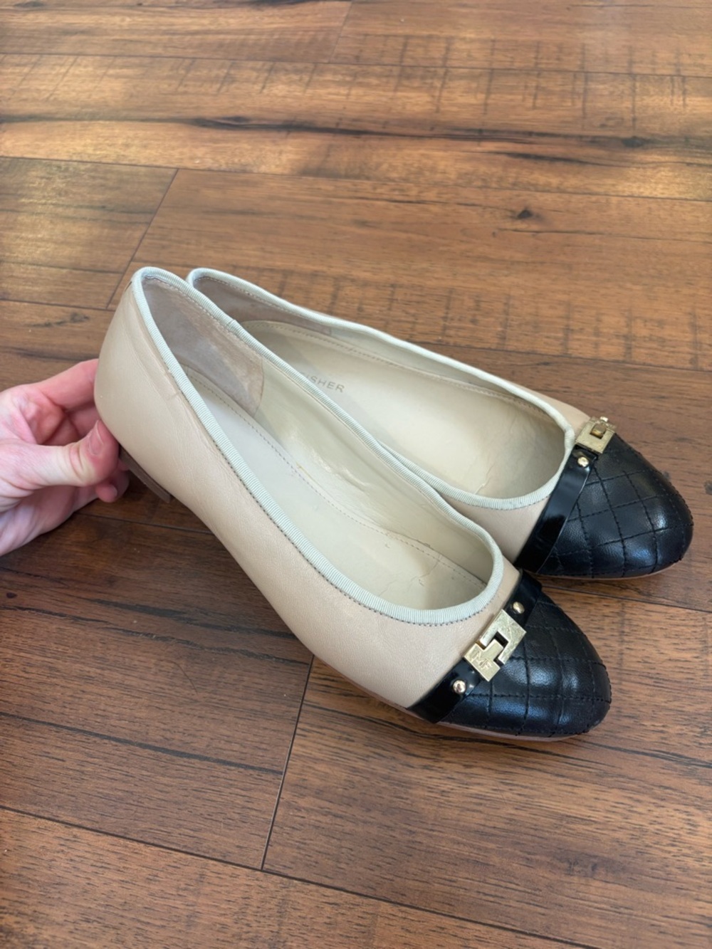 Marc Fisher Jodita Quilted Cap Toe Ballet Flats Size 8.5 Black Tan Leather